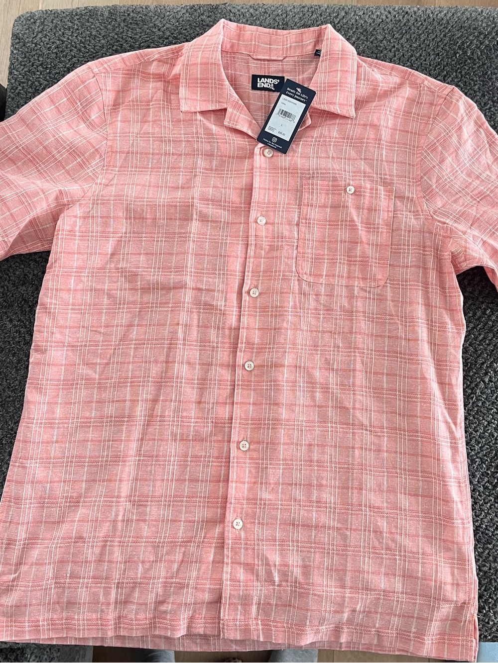 Lands' End Men's Coral Plaid Short-Sleeve Button-Down Shirt